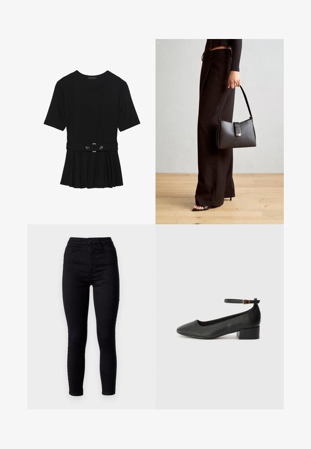 Top negro de manga corta fabricado en un material suave, con un diseño de peplum y una cintura ceñida con un cinturón que incluye dos botones redondos en tono plateado.; Pantalones vaqueros negros ajustados con cintura alta, elaborados en denim elástico. Cierre delantero con botón y dos bolsillos traseros. Textura suave.; Zapato de tacón negro de cuero con punta afilada y tacón bajo cuadrado. Presenta una correa para el tobillo con una hebilla en tono dorado. Textura suave.; Bolso negro con forma estructurada, textura suave y un cierre metálico. Combinado con pantalones anchos negros y sandalias de dedo en un suelo de madera.