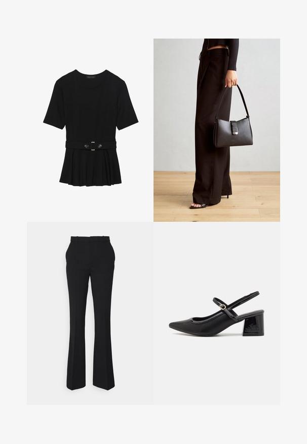Juodas trumpomis rankovėmis viršus, pagamintas iš lygaus audinio, su peplum dizainu ir su diržu juosmenyje, papuoštas dviem apvaliomis sidabro spalvos mygtukais.; Juodi platėjančių kelnių fasonai, pagaminti iš lygaus audinio, turintys vidutinio aukščio juosmenį, dirželių kilpas ir švarią, pritaikytą siluetą.; Juodi patentinio odos slingback aukštakulniai su smailiu pirštu, apvaliu išpjovimu ir blokiniu kulnu. Papuošti auksiniu juostos akcentu.; Juodas rankinė struktūrizuota forma, lygi tekstūra ir metalinis užsegimas. Suporuota su plačiomis juodomis kelnėmis ir atvirais bateliais ant medinių grindų.