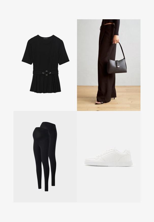 Top negru cu mâneci scurte, realizat dintr-un material neted, cu un design peplum și o talie beltată cu două butoane rotunde de culoare argintie.; Leggings de maternitate negre, fabricate dintr-un material elastic. Caracteristici: talie înaltă, elastică și o textură netedă. Disponibile într-un pachet de două.; Adidași albi din material sintetic neted, cu vârf rotunjit, design cu șireturi, talpă plată și detalii perforate subtile.; Genți negre cu o formă structurată, textură netedă și un închizător metalic. Asortată cu pantaloni negri largi și sandale cu vârf deschis pe un podea din lemn.