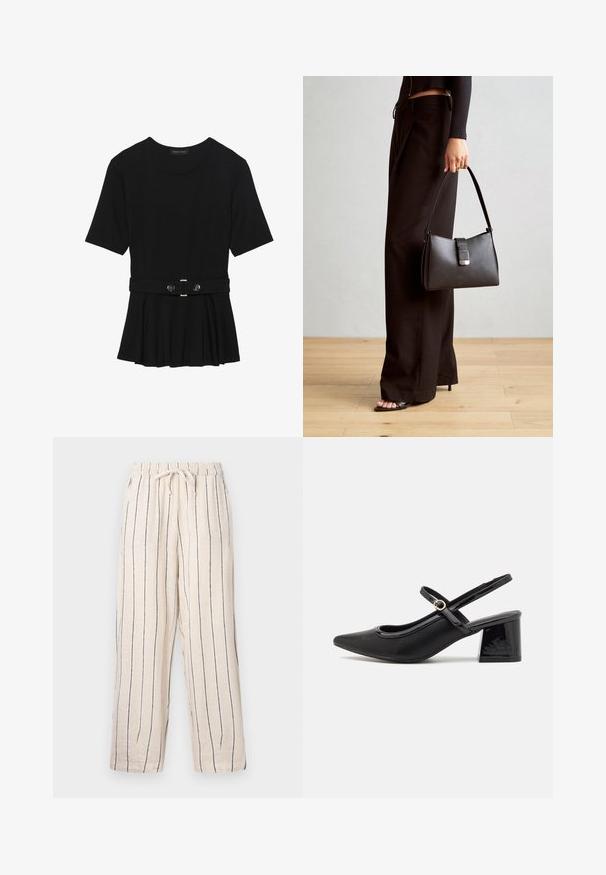 Črn kratek rokav srajca iz gladkega materiala, z obliko pepluma in pasom s pasom ter dvema okroglega srebrno-toniranima gumboma.; Bež hlače iz mešanice lanenega materiala z mornarskimi navpičnimi črtami, elastični pas in nastavljiva vrvica. Širši kroj in lahka tekstura.; Črne patentne usnjene salonarce s slingback obliko, s koničastim nosom, zaobljenim izrezom in blok peto. Imajo zlato kovinsko zaponko kot dodatno okrasje.; Črna torbica z strukturirano obliko, gladko teksturo in kovinskim zaponko. Ujemajo se z širokimi črnimi hlačami in odprtimi sandali na lesenem tleh.