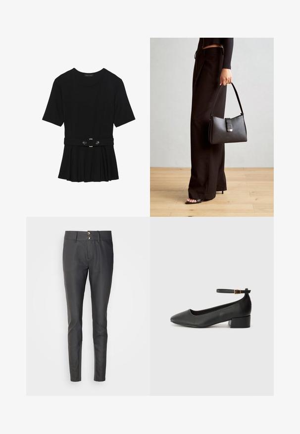 Zwart топ met korte mouwen van glad materiaal, voorzien van een peplum ontwerp en een riem in de taille met twee ronde, zilverkleurige knopen.; Zwarte broek met een slim fit, gemaakt van glad materiaal. Bevat een sluiting met twee knopen bij de taille en een platte voorkant.; Zwarte leren pump met een spitse neus en een lage blokhak. Beschikt over een enkelband met een goudkleurige gespsluiting. Gladde textuur.; Zwarte handtas met gestructureerde vorm, gladde textuur en een metalen sluiting. Gecombineerd met brede zwarte broeken en sandalen met open teen op een houten vloer.