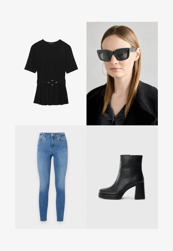 Melnas īsām piedurknēm topiņš, izgatavots no gludas materiāla, ar pepluma dizainu un jostu ar divām apaļām sudraba krāsas pogām.; Tievās džinsās izgatavotas no gaiši zilā denima, ar dekoratīvām kniedēm priekšējā kabatas apvidū un saplaisājušu malu pie potītes.; Melna ādas potīšu zābaku ar bloku papēdi un platformas zoli, skatīts no sāna uz vienkārša balta fona.; Melna kaķa acs saulesbrilles ar tumšiem objektīviem, bieziem rāmjiem un smalkiem akcentiem. Valkātas ar melnu mēteļi un pelēku augšu, ar garām taisnām matiem.