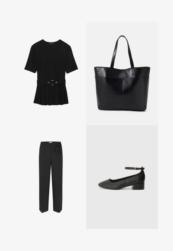 Svart kortermet topp laget av glatt materiale, med en peplum-design og en belted midje med to runde knapper i sølvfarge.; Sorte, høyt livbukser med detalj av knytbelte. Laget av glatt stoff, med rett ben-design og to frontlommer.; Sorte skinnpumper med spiss tå og lav blokkhelt. Har ankelrem med gullfarget spenne. Glatt tekstur.; Svart lær toteveske med to lange håndtak, en glatt tekstur og en strukturert form. Har en frontlomme for ekstra oppbevaring.