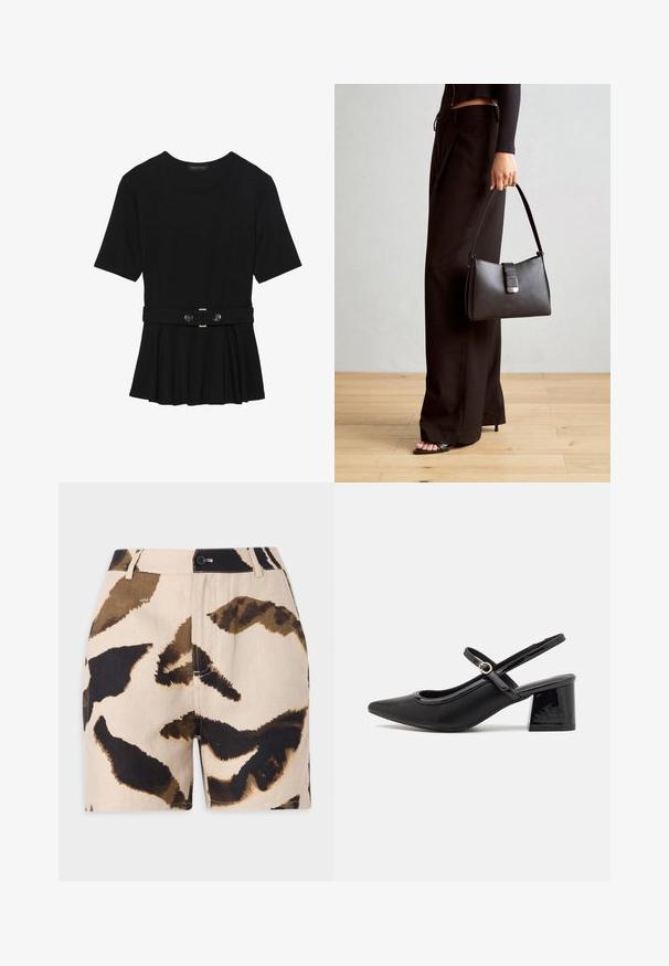Črn kratek rokav srajca iz gladkega materiala, z obliko pepluma in pasom s pasom ter dvema okroglega srebrno-toniranima gumboma.; Bež kratke hlače z rjavim in črnim abstraktnim živalskim vzorcem, z gumbom za zapiranje, zanke za pas in teksturirano tkanino.; Črne patentne usnjene salonarce s slingback obliko, s koničastim nosom, zaobljenim izrezom in blok peto. Imajo zlato kovinsko zaponko kot dodatno okrasje.; Črna torbica z strukturirano obliko, gladko teksturo in kovinskim zaponko. Ujemajo se z širokimi črnimi hlačami in odprtimi sandali na lesenem tleh.