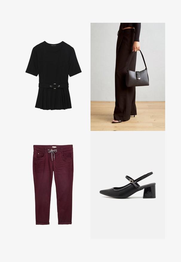 Sort kortærmet top lavet af glat materiale, med en peplum-design og en bælte i taljen med to runde, sølvfarvede knapper.; Bordeaux bukser med snoreliv, forlommer og oprullede ben. Lavet af blødt stof med en glat tekstur og diskrete sømdetaljer.; Sorte patentlæder slingback hæle med spids tå, rund udskæring og blokhæl. Har en guldtonet spændeaccents.; Sort håndtaske med struktureret form, glat overflade og metalspænde. Sammen med brede sorte bukser og sandaler med åben tå på trægulv.