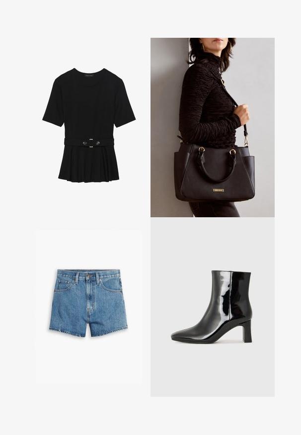 Musta lyhythihainen paita, joka on valmistettu sileästä materiaalista ja jossa on peplum-muotoilu sekä vyötäröllä vyö, jossa on kaksi pyöreää hopeanväristä nappia.; Vaaleansiniset farkkushortsit, joissa on viisi taskua, vetoketjukiinnitys ja nappisulku. Helmassa on revitty viimeistely ja rento istuvuus.; Musta patenttilakattu nilkkuri, jossa on terävä kärki ja keskipitkä lohkarekorko. Silkkinen pinta ja minimalistinen muotoilu.; Musta käsilaukku, jossa on teksturoitu pinta, kaksi yläkantta ja säädettävä olkahihna. Varustettu kultasävyisillä varusteilla ja sivutaskuilla.