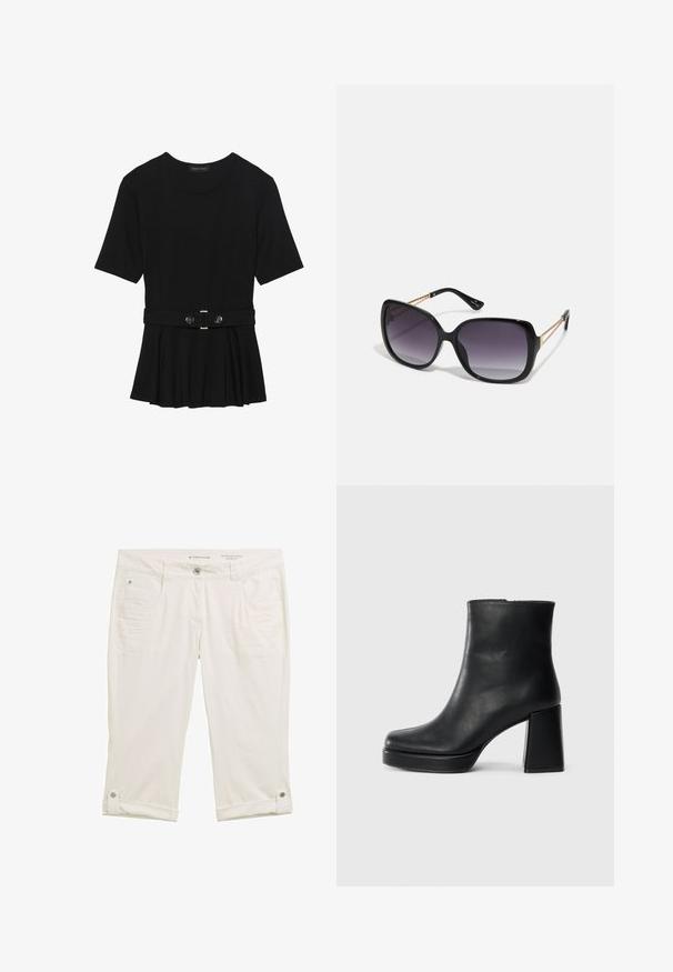 Čierny krátky rukáv top vyrobený z hladkého materiálu, so strihom peplum a opaskom v páse so syntetickými guľatými striebornými gombíkmi.; Biele 3/4 dĺžky nohavice s jemne textúrovanou tkaninou. Obsahuje predné vrecká, zapínanie na gombík a ohrnuté manžety zabezpečené cvokmi.; Čierne kožené členkové topánky s blokovým podpätkom a platformovou podrážkou, zobrazené z boku na bielom pozadí.; Čierne oversized slnečné okuliare s gradientovými sklíčkami, hrubými rámami a zlatým retiazkovým detailom na stranách.