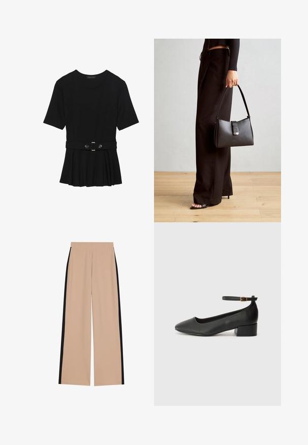 Haut noir à manches courtes fabriqué en matériau lisse, avec un design peplum et une taille ceinturée ornée de deux boutons ronds en métal argenté.; Pantalons larges beige avec une texture lisse, présentant des rayures noires sur les côtés. La taille est élastique pour plus de confort et une utilisation facile.; Escarpin en cuir noir avec un bout pointu et un petit talon bloc. Doté d'une bride de cheville avec une boucle dorée. Texture lisse.; Sac à main noir à la forme structurée, texture lisse et fermoir métallique. Associé à un pantalon noir ample et des sandales ouvertes sur un sol en bois.
