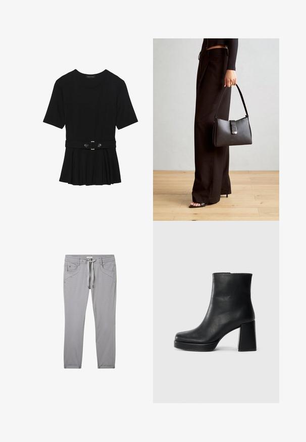 Schwarzes Kurzarmoberteil aus glattem Material, mit einem Peplum-Design und einem taillierten Bund, der mit zwei runden, silberfarbenen Knöpfen ausgestattet ist.; Graue Hose aus einem weichen Material, mit einem Kordelzugbund, vier Taschen und einer schlanken Passform mit dezenten Nähdetails.; Schwarze Leder-Stiefelette mit Blockabsatz und Plattformsohle, seitlich auf einem schlichten weißen Hintergrund betrachtet.; Schwarze Handtasche mit strukturierter Form, glatter Textur und einem metallischen Verschluss. Kombiniert mit weiten schwarzen Hosen und offenen Sandalen auf einem Holzboden.