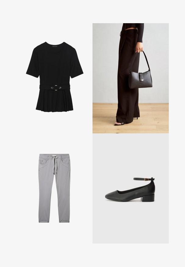 Schwarzes Kurzarmoberteil aus glattem Material, mit einem Peplum-Design und einem taillierten Bund, der mit zwei runden, silberfarbenen Knöpfen ausgestattet ist.; Graue Hose aus einem weichen Material, mit einem Kordelzugbund, vier Taschen und einer schlanken Passform mit dezenten Nähdetails.; Schwarze Lederpumps mit spitzem Zehenbereich und niedrigem Blockabsatz. Mit einem Knöchelriemen und einer goldfarbenen Schnalle. Glatte Textur.; Schwarze Handtasche mit strukturierter Form, glatter Textur und einem metallischen Verschluss. Kombiniert mit weiten schwarzen Hosen und offenen Sandalen auf einem Holzboden.