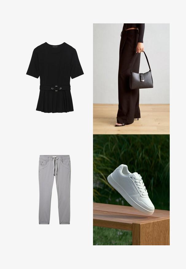 Črn kratek rokav srajca iz gladkega materiala, z obliko pepluma in pasom s pasom ter dvema okroglega srebrno-toniranima gumboma.; Sive hlače iz mehkega materiala, z vrvico za zategovanje v pasu, štirimi žepi in slim fit krojem z diskretnimi šivi.; Bela teniska s gladkim sintetičnim zgornjim delom, perforiranim prednjim delom, ravnimi vezalkami in teksturiranim podplatom, prikazana na leseni površini.; Črna torbica z strukturirano obliko, gladko teksturo in kovinskim zaponko. Ujemajo se z širokimi črnimi hlačami in odprtimi sandali na lesenem tleh.