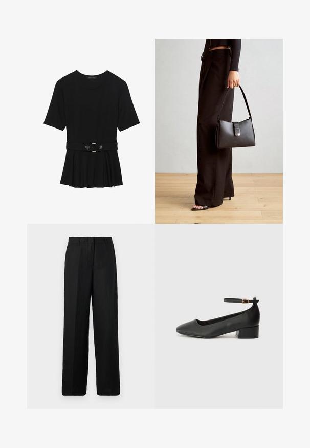 Black short-sleeve top made of smooth material, featuring a peplum design and a belted waist with two round, silver-tone buttons.; Black wide-leg pants made from a lightweight fabric. Features a flat front with belt loops and side pockets, providing a relaxed fit.; Black leather pump with a pointed toe and a low block heel. Features an ankle strap with a gold-tone buckle. Smooth texture.; Black handbag with structured shape, smooth texture, and a metallic clasp. Paired with wide black pants and open-toe sandals on wooden floor.