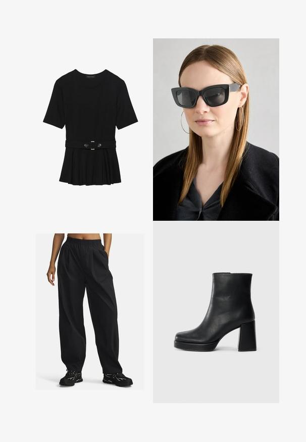 Sort kortærmet top lavet af glat materiale, med en peplum-design og en bælte i taljen med to runde, sølvfarvede knapper.; Sorte, løstsiddende bukser lavet af letvægtsstof med elastisk talje, der har sidelommer og en glat tekstur.; Sort læder ankelstøvle med blokhæl og platformssål, set fra siden på en ensfarvet hvid baggrund.; Sorte katteøje solbriller med mørke linser, tykke rammer og subtile detaljer. Båret med en sort frakke og en grå bluse, med langt, glat hår.