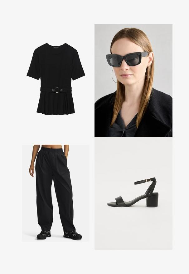 Sort kortærmet top lavet af glat materiale, med en peplum-design og en bælte i taljen med to runde, sølvfarvede knapper.; Sorte, løstsiddende bukser lavet af letvægtsstof med elastisk talje, der har sidelommer og en glat tekstur.; Sort hæl sandal med en glat læderoverdel, åben tå, brede frontstropper og justerbar ankelrem med detaljer i guldfarve.; Sorte katteøje solbriller med mørke linser, tykke rammer og subtile detaljer. Båret med en sort frakke og en grå bluse, med langt, glat hår.