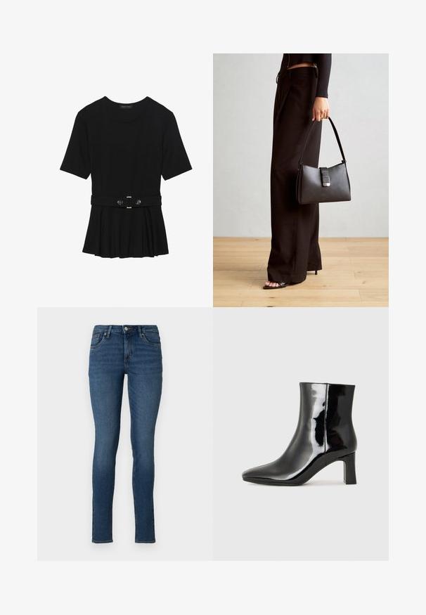 Top preto de mangas curtas, feito de material suave, com design peplum e uma cintura cinto com dois botões redondos em tom prateado.; Jeans skinny azuis feitos de denim com uma cintura média, cinco bolsos e um tom desbotado, apresentando costura padrão e fecho de zíper.; Botim de tornozelo em pele sintética preta com bico apontado e salto bloco de altura média. Textura suave e design minimalista.; Bolsa preta com forma estruturada, textura suave e um fecho metálico. Combinada com calças largas pretas e sandálias de salto aberto sobre um chão de madeira.