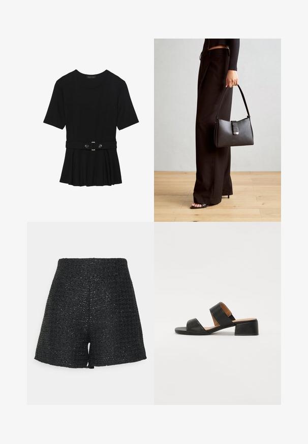 Crna majica kratkih rukava od glatkog materijala, s peplum dizajnom i pojasom s dva okrugla srebrna dugmeta.; Crne tkanine kratke hlače s teksturiranim završetkom i suptilnim sjajem. Imaju visoki struk i strukturirani A-linijski oblik.; Crne kožne sandale s dva široka remena preko stopala, kvadratnim vrhom i niskom blok petom. Glatka tekstura i minimalistički dizajn.; Crna torba s oblikom koji sadrži strukturu, glađu teksturu i metalnu kopču. Uparena s širokim crnim hlačama i sandalama na otvorenom s drvenog poda.