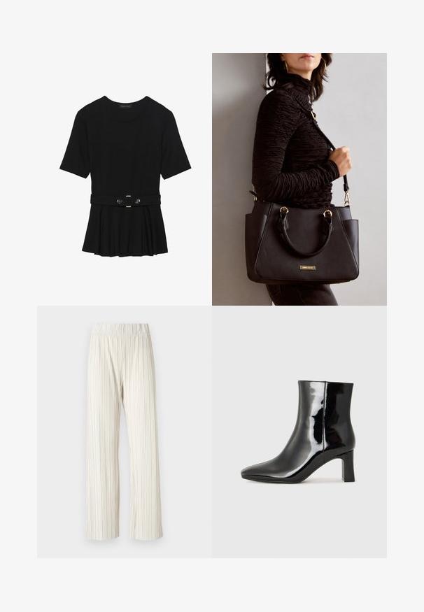 Top preto de mangas curtas, feito de material suave, com design peplum e uma cintura cinto com dois botões redondos em tom prateado.; Calças largas plissadas em bege claro, com uma cintura elástica. Feitas de um tecido leve com textura vertical em todo o lado.; Botim de tornozelo em pele sintética preta com bico apontado e salto bloco de altura média. Textura suave e design minimalista.; Bolsa preta com superfície texturizada, alças superiores duplas e alça de ombro ajustável. Apresenta ferragens em tom dourado e bolsos laterais.