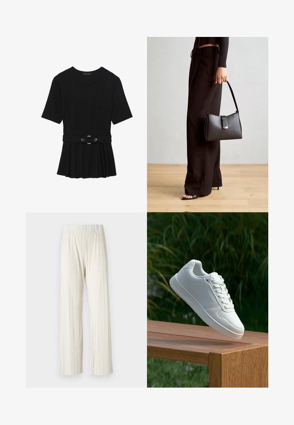 Črn kratek rokav srajca iz gladkega materiala, z obliko pepluma in pasom s pasom ter dvema okroglega srebrno-toniranima gumboma.; Nabrane široke hlače v svetlo bež barvi, z elastiko v pasu. Narejene iz lahkega blaga z navpično teksturo po celotni površini.; Bela teniska s gladkim sintetičnim zgornjim delom, perforiranim prednjim delom, ravnimi vezalkami in teksturiranim podplatom, prikazana na leseni površini.; Črna torbica z strukturirano obliko, gladko teksturo in kovinskim zaponko. Ujemajo se z širokimi črnimi hlačami in odprtimi sandali na lesenem tleh.