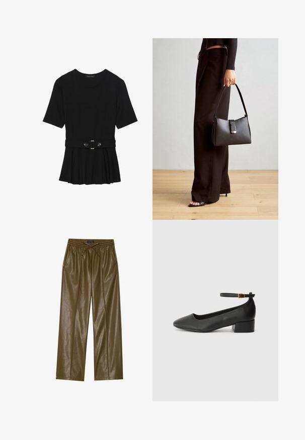 Top negro de manga corta fabricado en un material suave, con un diseño de peplum y una cintura ceñida con un cinturón que incluye dos botones redondos en tono plateado.; Pantalones de pierna ancha de imitación piel en verde oliva con cintura elástica y cordón ajustable. Presentan dos bolsillos laterales y una textura suave.; Zapato de tacón negro de cuero con punta afilada y tacón bajo cuadrado. Presenta una correa para el tobillo con una hebilla en tono dorado. Textura suave.; Bolso negro con forma estructurada, textura suave y un cierre metálico. Combinado con pantalones anchos negros y sandalias de dedo en un suelo de madera.
