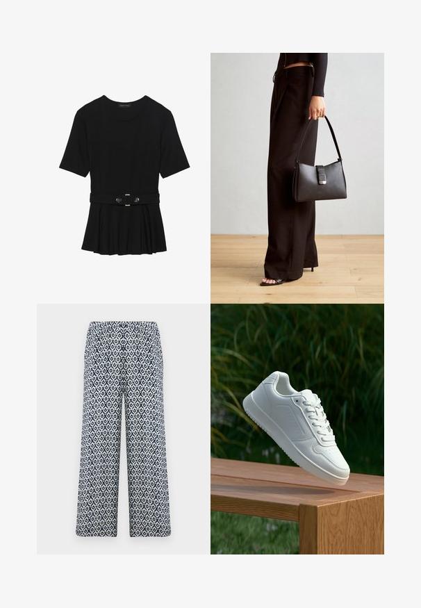 Melnas īsām piedurknēm topiņš, izgatavots no gludas materiāla, ar pepluma dizainu un jostu ar divām apaļām sudraba krāsas pogām.; Printētas platas kājas bikses ar elastīgu jostu. Iekļauj ģeometrisku tumši zilu un baltu rakstu vieglā audumā.; Baltie sporta apavi ar gludu sintētisku augšpusi, perforētu pirkstu daļu, plakani šņorēm un rakstainu zoli, novietoti uz koka virsmas.; Melnā somiņa ar strukturētu formu, gludu tekstūru un metālu sprādzi. Saskaņota ar platām melnām biksēm un sandālēm ar atvērtu purngalu uz koka grīdas.