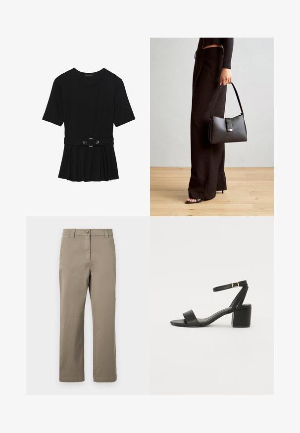 Črn kratek rokav srajca iz gladkega materiala, z obliko pepluma in pasom s pasom ter dvema okroglega srebrno-toniranima gumboma.; Khaki bombaški chinos s ravnim krojem, ki vključujejo sprednji gumb, stranske žepke in gladko teksturo. Brez vidnih vzorcev ali dodatkov.; Črne sandale na peto z gladkim usnjenim zgornjim delom, odprtim nosom, širokimi sprednjimi trakovi in nastavljivim gležnjenčkom z zlatim zaponko.; Črna torbica z strukturirano obliko, gladko teksturo in kovinskim zaponko. Ujemajo se z širokimi črnimi hlačami in odprtimi sandali na lesenem tleh.