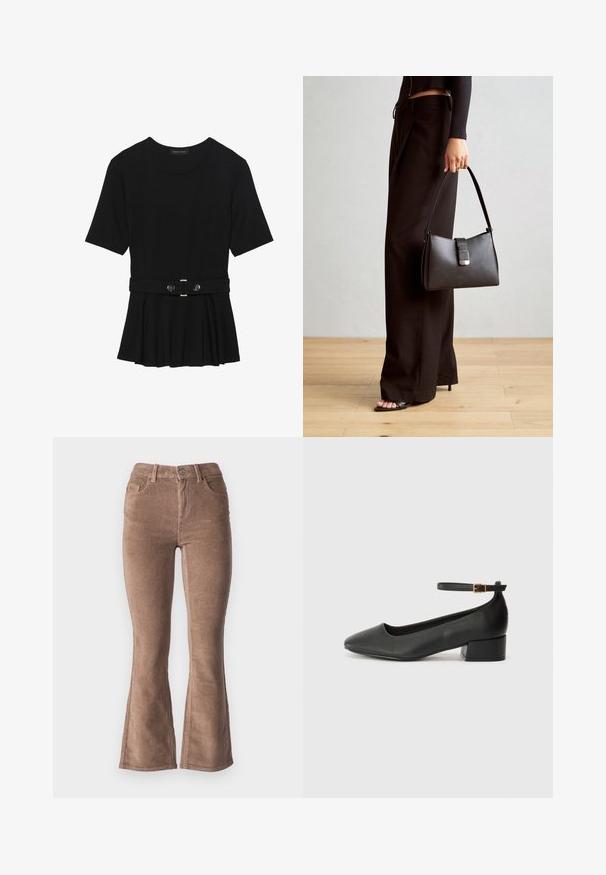 Juodas trumpomis rankovėmis viršus, pagamintas iš lygaus audinio, su peplum dizainu ir su diržu juosmenyje, papuoštas dviem apvaliomis sidabro spalvos mygtukais.; Rudi aksai flared kelnės su šonkauliuota tekstūra, turinčios aukštą juosmenį, penkias kišenes ir priekinį mygtuko uždarymą.; Juodas odinis aukštakulnis batelis su smailiu pirštu ir žemu bloku. Su kulkšnies dirželiu su auksinės spalvos sagtimi. Lygus paviršius.; Juodas rankinė struktūrizuota forma, lygi tekstūra ir metalinis užsegimas. Suporuota su plačiomis juodomis kelnėmis ir atvirais bateliais ant medinių grindų.