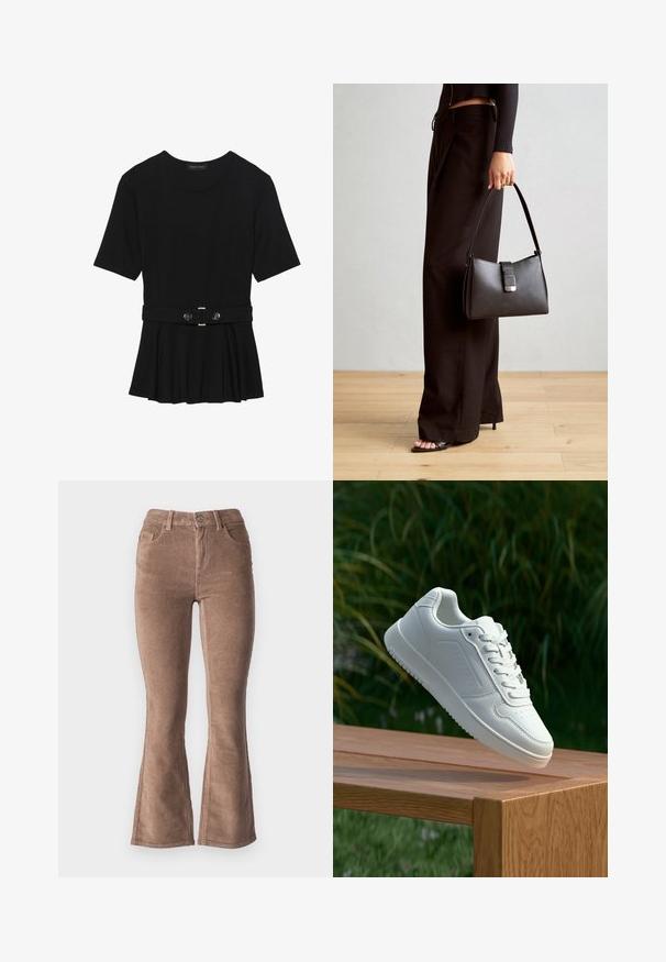 Svart kortermet topp laget av glatt materiale, med en peplum-design og en belted midje med to runde knapper i sølvfarge.; Brune cordfløyels brettede bukser med ribbet tekstur, høy midje, fem lommer og frontlukking med knapp.; Hvite sneakers med en glatt syntetisk overdel, perforert tåboks, flate snørebånd og en teksturert såle, vist på en treflate.; Svart håndveske med strukturert form, jevn tekstur og metallisk lås. Kombinert med brede svarte bukser og sandaler med åpen tå på tregulv.