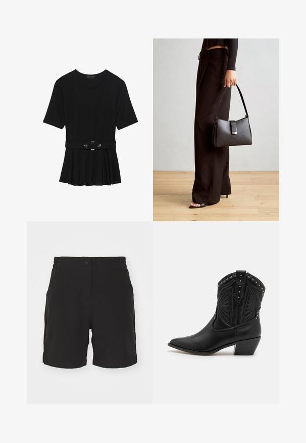 Svart kortärmad topp i slätt material med peplumdesign och bälte i midjan, prydd med två runda knappar i silverfärg.; Svarta shorts i slätt tyg, med knappstängning, elastisk midja och sidofickor. Rak skärning med en fållad botten.; Svarta lädercowboykängor med spetsiga tår, dekorativ broderi och metallspikar längs toppen. Staplad klack och strukturerad finish.; Svart handväska med strukturerad form, slät yta och metallspänne. Matchad med vida svarta byxor och sandaler med öppen tå på trägolv.