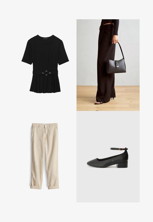 Schwarzes Kurzarmoberteil aus glattem Material, mit einem Peplum-Design und einem taillierten Bund, der mit zwei runden, silberfarbenen Knöpfen ausgestattet ist.; Beige Baumwoll-Chinohosen mit klassischer Passform, vorn mit Taschen und hochgekrempelten Säumen. Glatter Stoff und dezente Nähdetails.; Schwarze Lederpumps mit spitzem Zehenbereich und niedrigem Blockabsatz. Mit einem Knöchelriemen und einer goldfarbenen Schnalle. Glatte Textur.; Schwarze Handtasche mit strukturierter Form, glatter Textur und einem metallischen Verschluss. Kombiniert mit weiten schwarzen Hosen und offenen Sandalen auf einem Holzboden.