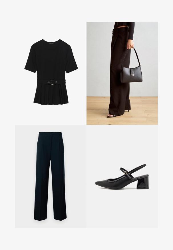 Fekete, rövid ujjú felső sima anyagból, peplum fazonnal és övvel a deréknál, két kerek, ezüst árnyalatú gombbal.; Fekete, bő nadrág sima anyagból, magas derekú, elöl pliszírozott, tiszta, minimál dizájnnal.; Fekete lakk bőr, pántos magassarkú cipő, hegyes orral, lekerekített kivágással és tömbsarkal. Arany színű csat díszíti.; Fekete kézi táska strukturált formával, sima textúrával és fémből készült záródással. Széles fekete nadrággal és nyitott orrú szandállal párosítva, fából készült padlón.