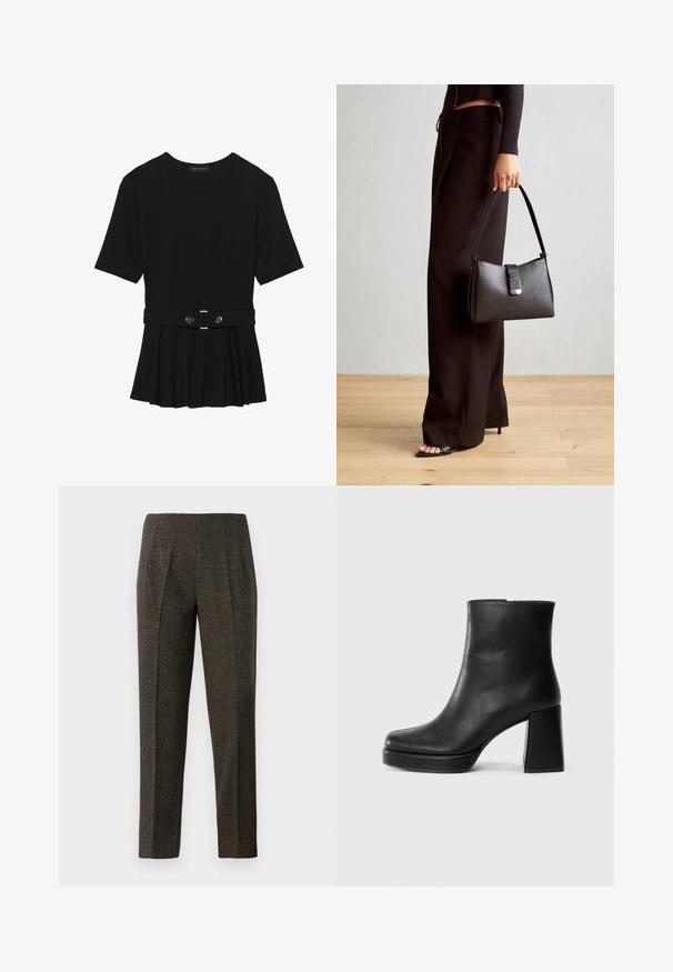 Must mustriga lühikeste varrukatega tipp, valmistatud siledast materjalist, millel on peplum-disain ja vöödiga talje, millel on kaks ümmargust, hõbedase tooni nuppu.; Pruunid kudumisest valmistatud püksid, mis on kohandatud istuvusega, esiosal on volt ja sirged säärtega. Materjal on tekstuuriga ja veidi läikiv.; Must musta ankle boot, milleplokk-konts ja platvormi tallaga, vaadatud küljelt ühetoonilise valge tausta peal.; Must musta kott, millel on struktureeritud kuju, sile tekstuur ja metallist klamber. Kombineeritud laiate mustade pükstega ja avatud varvaste sandaalidega puidust põrandal.