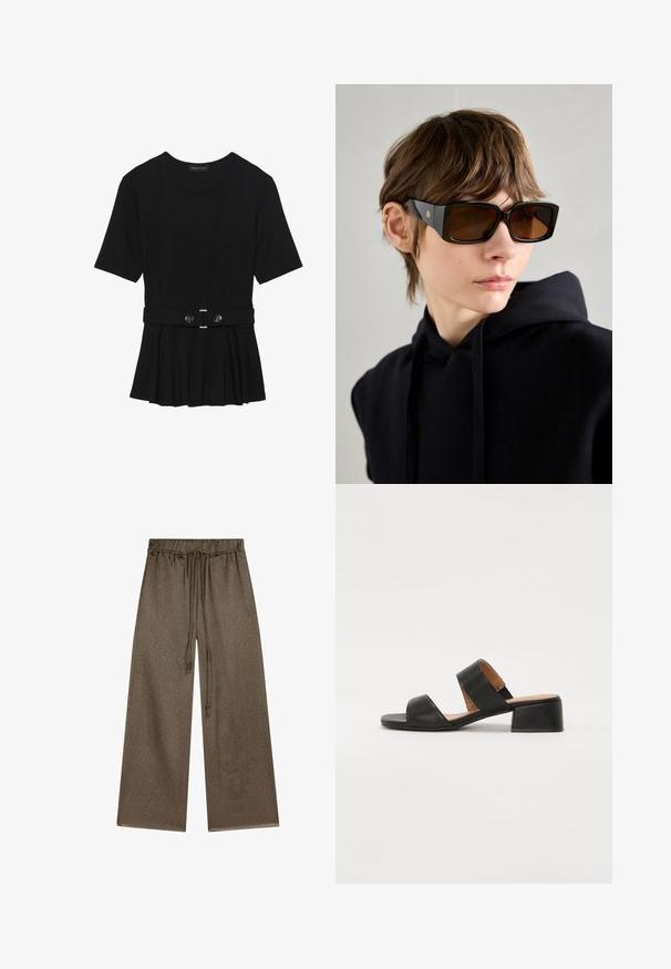 Czarna bluzka krótki rękaw wykonana z gładkiego materiału, z fasonem peplum i paskiem w talii z dwoma okrągłymi, srebrnymi guzikami.; Szerokie spodnie w kolorze oliwkowym, wykonane z miękkiej, teksturowanej tkaniny. Posiadają elastyczny pas ze sznurkiem oraz kieszenie po bokach.; Czarne skórzane sandały z dwoma szerokimi paskami na stopie, kwadratowym czubkiem i niskim słupkowym obcasem. Gładka tekstura i minimalistyczny design.; Czarne, oversize okulary przeciwsłoneczne o błyszczącym wykończeniu, prostokątnym kształcie, brązowych soczewkach oraz złotym detalu logo na zausznikach.