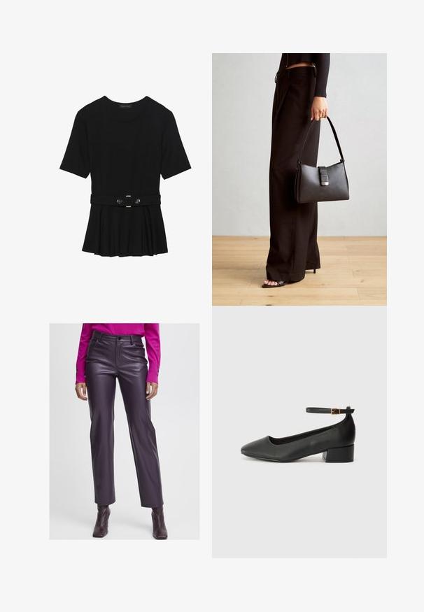 Crna majica kratkih rukava od glatkog materijala, s peplum dizajnom i pojasom s dva okrugla srebrna dugmeta.; Ljubičaste hlače od umjetne kože visokog struka s glatkom teksturom, ravnog kroja i prednjim džepovima. Uparene s ružičastim duksericom dugih rukava.; Crne kožne pumpe s oštrim vrhom i niskom blok petom. Sadrže remen oko gležnja s zlatnim kopčanjem. Glatka tekstura.; Crna torba s oblikom koji sadrži strukturu, glađu teksturu i metalnu kopču. Uparena s širokim crnim hlačama i sandalama na otvorenom s drvenog poda.
