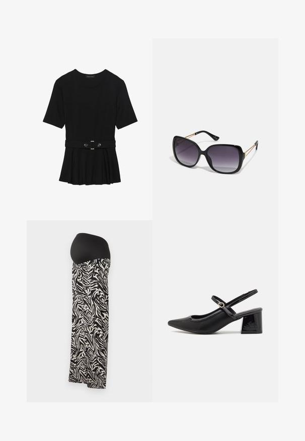 Fekete, rövid ujjú felső sima anyagból, peplum fazonnal és övvel a deréknál, két kerek, ezüst árnyalatú gombbal.; Fekete-fehér zebra mintás kismama szoknya, rugalmas fekete derékkal, összegyűrt részletekkel a deréknál és folyó dizájnnal.; Fekete lakk bőr, pántos magassarkú cipő, hegyes orral, lekerekített kivágással és tömbsarkal. Arany színű csat díszíti.; Fekete, oversize napszemüveg fokozatos árnyalatú lencsékkel, vastag kerettel és arany színű lánc díszítéssel a szárakon.; Fekete kézi táska strukturált formával, sima textúrával és fémből készült záródással. Széles fekete nadrággal és nyitott orrú szandállal párosítva, fából készült padlón.