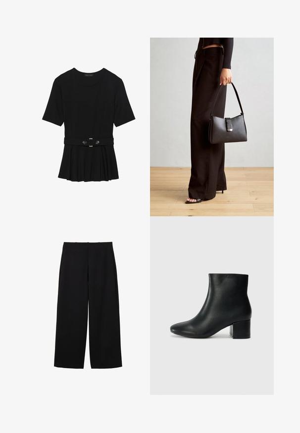 Melnas īsām piedurknēm topiņš, izgatavots no gludas materiāla, ar pepluma dizainu un jostu ar divām apaļām sudraba krāsas pogām.; Melnas platas kāju bikses, izgatavotas no teksturēta auduma, ar augstu jostas vietu, kas rotātas ar frontālām krokām un vienkāršu dizainu. Nav redzamu kabatu vai metāla detaļu.; Melna ādas potīšu zābaki ar smailu purngalu un masīlu papēdi. Gluda tekstūra ar minimāliem akcentiem un gludu, pieguļošu dizainu.; Melnā somiņa ar strukturētu formu, gludu tekstūru un metālu sprādzi. Saskaņota ar platām melnām biksēm un sandālēm ar atvērtu purngalu uz koka grīdas.