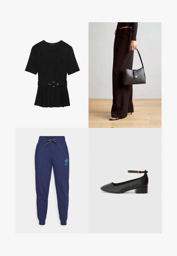 Black short-sleeve top made of smooth material, featuring a peplum design and a belted waist with two round, silver-tone buttons.; Navy blue sweatpants with a drawstring waist and ankle cuffs. Features a Lotto logo in vibrant colors on the left thigh. Made of soft fabric.; Black leather pump with a pointed toe and a low block heel. Features an ankle strap with a gold-tone buckle. Smooth texture.; Black handbag with structured shape, smooth texture, and a metallic clasp. Paired with wide black pants and open-toe sandals on wooden floor.