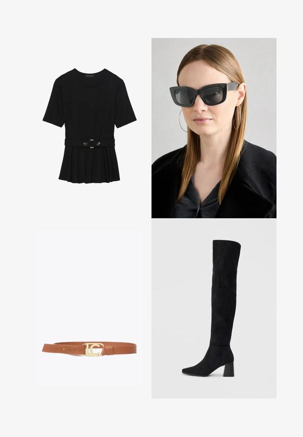 Černé krátké tričko vyrobené z hladkého materiálu, s peplum designem a opaskem v pase, ozdobené dvěma kulatými, stříbrnými knoflíky.; Hnědý kožený pásek se zlatým přezkou s vyřezávaným logem. Hladká struktura a otvory pro nastavení velikosti.; Černé semišové vysoké boty s blokovým podpatkem, špičatou špičkou a hladkým, bezšvovým designem na jednoduchém světlém pozadí.; Černé sluneční brýle ve stylu kočičího oka s tmavými skly, silnými rámy a jemnými detaily. Nosené s černým kabátem a šedým topem, s dlouhými rovnými vlasy.