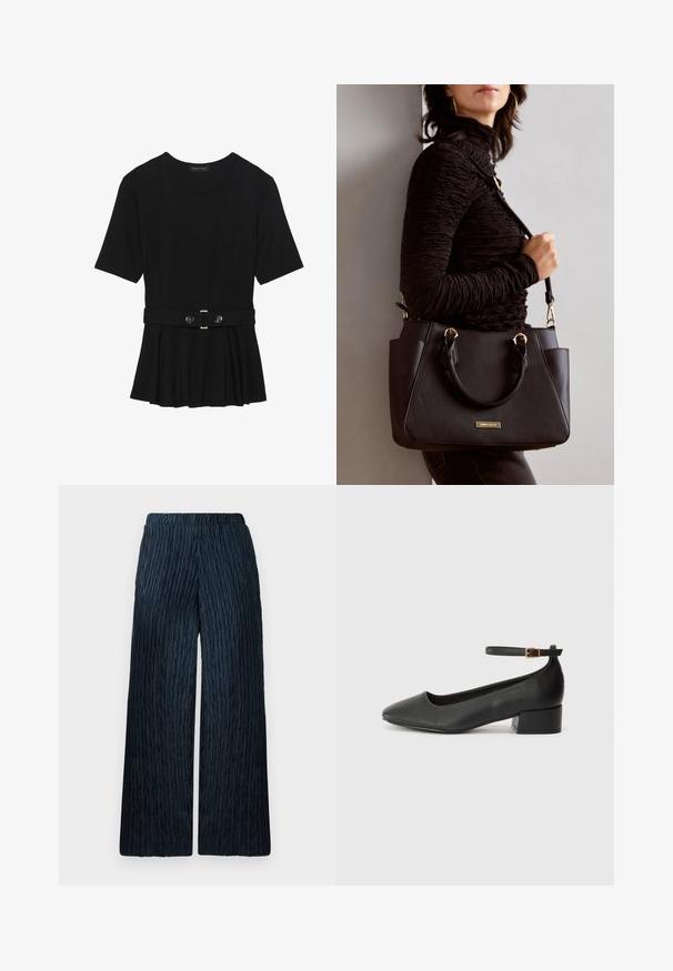 Black short-sleeve top made of smooth material, featuring a peplum design and a belted waist with two round, silver-tone buttons.; Wide-leg pants in dark navy with textured, crinkled fabric. Features an elastic waistband for comfort and a smooth surface.; Black leather pump with a pointed toe and a low block heel. Features an ankle strap with a gold-tone buckle. Smooth texture.; Black handbag with textured surface, dual top handles, and adjustable shoulder strap. Features gold-tone hardware and side pockets.