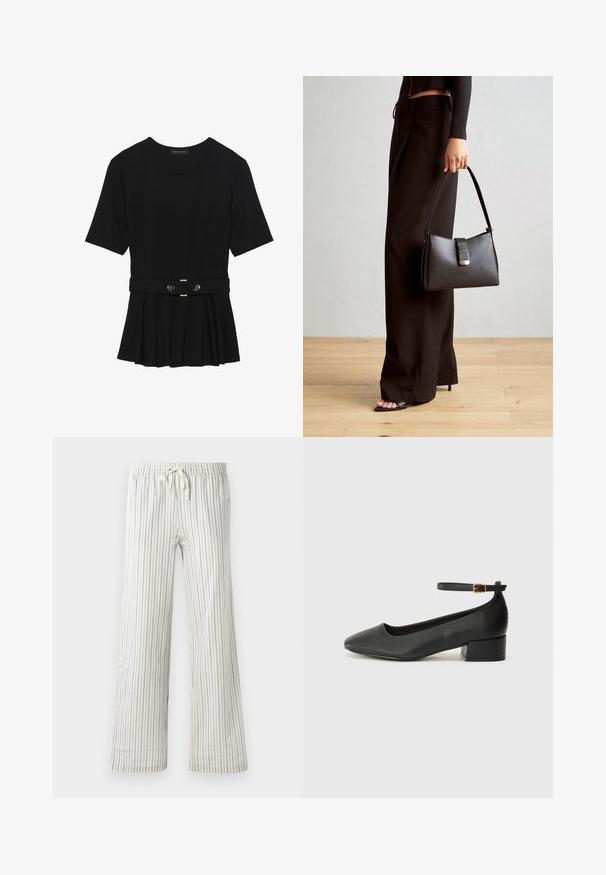 Black short-sleeve top made of smooth material, featuring a peplum design and a belted waist with two round, silver-tone buttons.; White drawstring pants with thin vertical blue stripes and an elastic waistband, shown front-facing on a plain background.; Black leather pump with a pointed toe and a low block heel. Features an ankle strap with a gold-tone buckle. Smooth texture.; Black handbag with structured shape, smooth texture, and a metallic clasp. Paired with wide black pants and open-toe sandals on wooden floor.