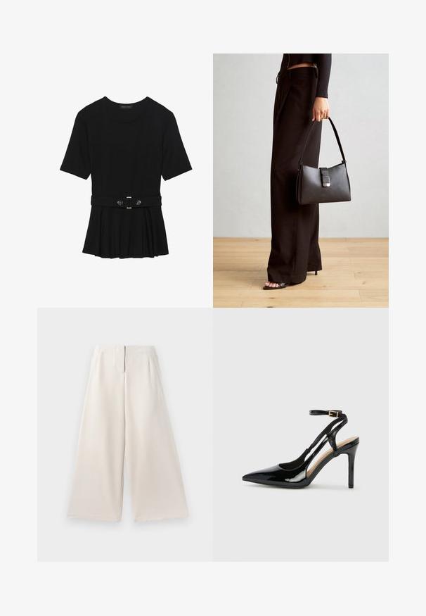Svart kortermet topp laget av glatt materiale, med en peplum-design og en belted midje med to runde knapper i sølvfarge.; Beige vidde bukser laget av glatt stoff, med høyt liv, side lommer og et rent, minimalistisk design.; Svart lakkert høye hæler med åpen bakside og spiss tå, justerbar ankelrem og åpne sider. Jevn tekstur.; Svart håndveske med strukturert form, jevn tekstur og metallisk lås. Kombinert med brede svarte bukser og sandaler med åpen tå på tregulv.