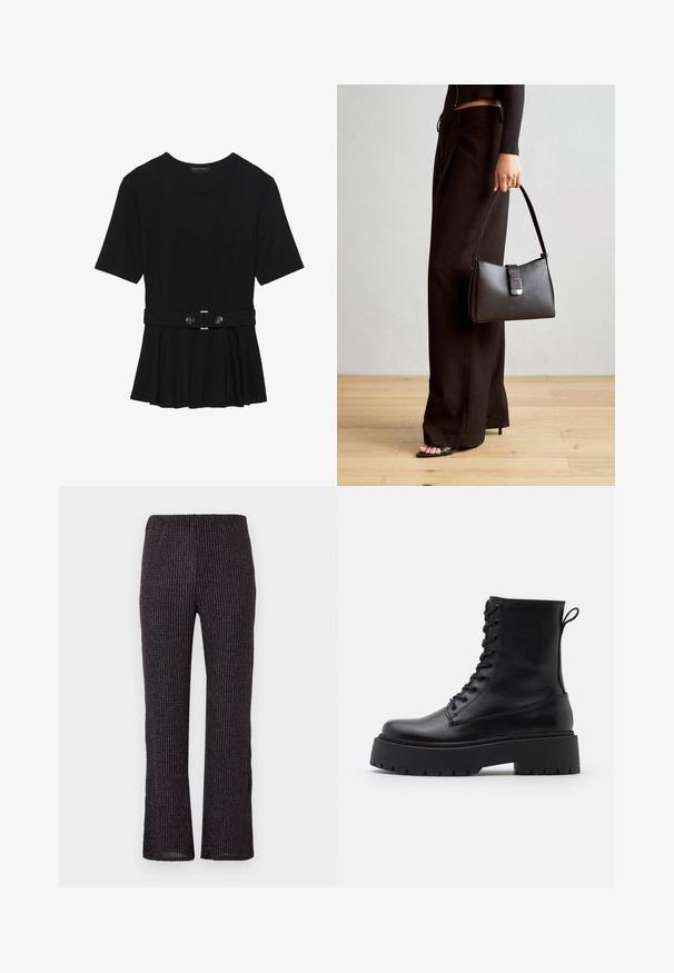 Crna majica kratkih rukava od glatkog materijala, s peplum dizajnom i pojasom s dva okrugla srebrna dugmeta.; Crne rebraste hlače s elastičnim pojasom, s ravnim krojem nogavica i suptilnim iridescentnim česticama kroz teksturiranu tkaninu.; Crne kožne gležnjače s okruglim vrhom, vezanjem sprijeda i debelim gumenim potplatom s teksturiranim uzorkom. Tipa: traka za vuču na stražnjoj strani.; Crna torba s oblikom koji sadrži strukturu, glađu teksturu i metalnu kopču. Uparena s širokim crnim hlačama i sandalama na otvorenom s drvenog poda.