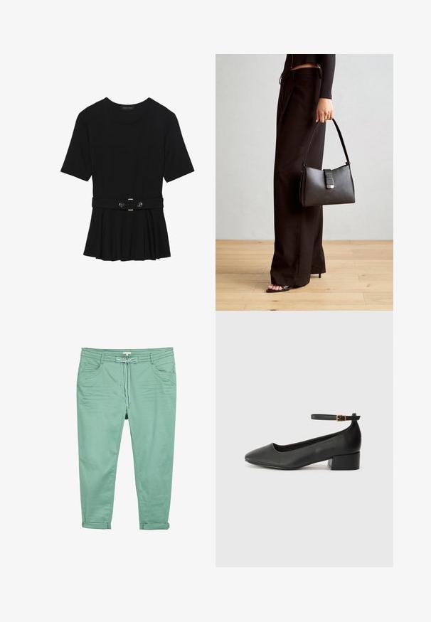 Fekete, rövid ujjú felső sima anyagból, peplum fazonnal és övvel a deréknál, két kerek, ezüst árnyalatú gombbal.; Világoszöld, puha anyagból készült nadrág, kötős derékkal, két elülső zsebbel és felgöngyölített szárakkal, amelyek laza fazont biztosítanak.; Fekete bőr magassarkú cipő hegyes orral és alacsony tömb sarkal. Bokapánttal rendelkezik, aranyszínű csattal. Simább textúra.; Fekete kézi táska strukturált formával, sima textúrával és fémből készült záródással. Széles fekete nadrággal és nyitott orrú szandállal párosítva, fából készült padlón.