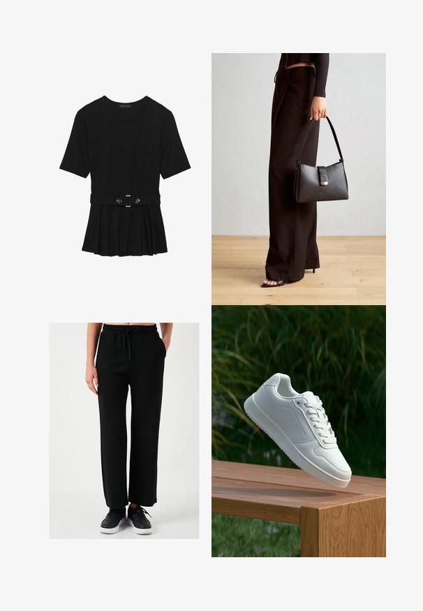 Zwart топ met korte mouwen van glad materiaal, voorzien van een peplum ontwerp en een riem in de taille met twee ronde, zilverkleurige knopen.; Zwarte wijde broek van zachte stof, met een elastische tailleband met trekkoord, zijzakken en een gladde textuur.; Witte sneaker met een gladde synthetische bovenkant, geperforeerde neus, platte veters en een gestructureerde zool, tentoongesteld op een houten oppervlak.; Zwarte handtas met gestructureerde vorm, gladde textuur en een metalen sluiting. Gecombineerd met brede zwarte broeken en sandalen met open teen op een houten vloer.