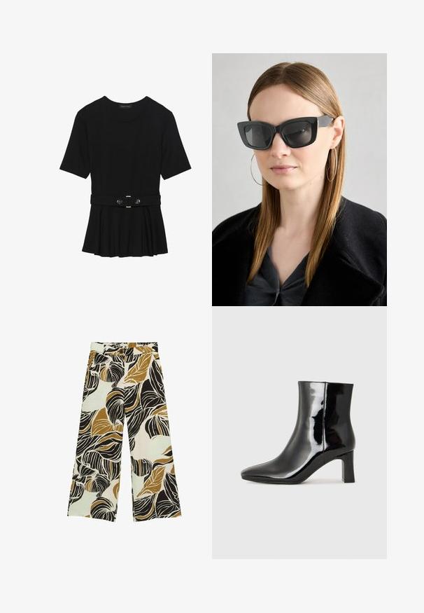 Zwart топ met korte mouwen van glad materiaal, voorzien van een peplum ontwerp en een riem in de taille met twee ronde, zilverkleurige knopen.; Wijde broek van een lichte stof met een bladpatroon in zwart, goud en crème, met een knoopsluiting en riemlussen.; Zwarte gepolijste leren enkellaars met een spitse neus en een blokhak van gemiddelde hoogte. Glad textuur en minimalistisch ontwerp.; Zwarte cat-eye zonnebril met donkere lenzen, dikke monturen en subtiele accenten. Draagt een zwarte jas en een grijze top, met lang stijl haar.