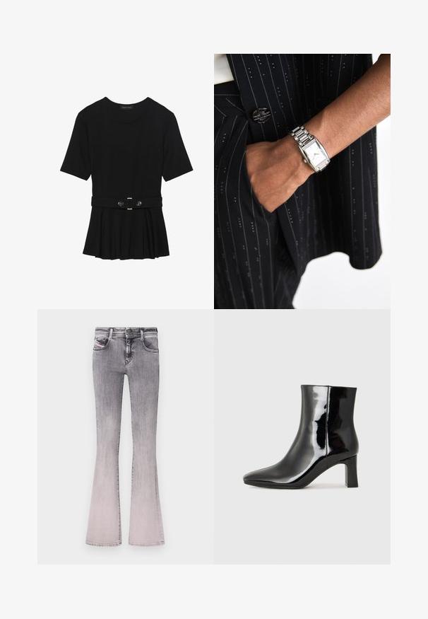 Haut noir à manches courtes fabriqué en matériau lisse, avec un design peplum et une taille ceinturée ornée de deux boutons ronds en métal argenté.; Jean évasés dégradés du noir au gris clair en denim. Dotés d'un design classique à cinq poches, fermeture à bouton à l'avant et de détails de couture subtils.; Bottines en cuir verni noir avec un bout pointu et un talon block de hauteur moyenne. Texture lisse et design minimaliste.; Montre rectangulaire en argent avec un cadran élégant et des accents semblables à des diamants sur un bracelet en métal maillé, portée avec un costume noir à rayures.