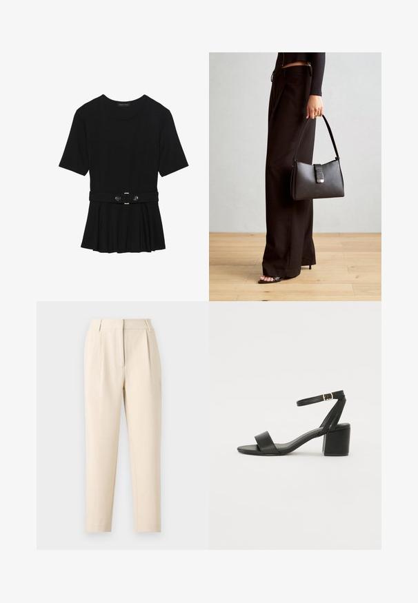 Black short-sleeve top made of smooth material, featuring a peplum design and a belted waist with two round, silver-tone buttons.; Beige tailored trousers with a straight cut, featuring pleats at the front and a smooth finish. The fabric appears lightweight and textured.; Black heeled sandal featuring a smooth leather upper, an open toe, wide front straps, and adjustable ankle strap with a gold buckle detail.; Black handbag with structured shape, smooth texture, and a metallic clasp. Paired with wide black pants and open-toe sandals on wooden floor.