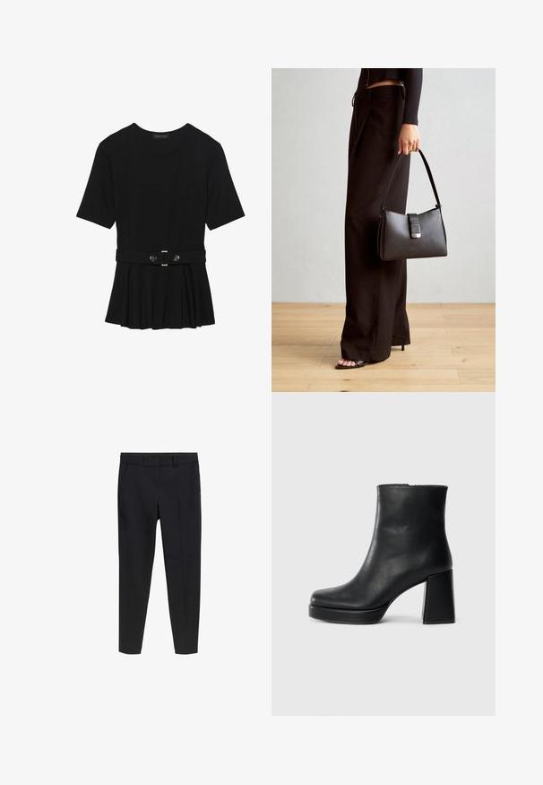 Sort kortærmet top lavet af glat materiale, med en peplum-design og en bælte i taljen med to runde, sølvfarvede knapper.; Sorte skræddersyede slim-fit ankel-lange bukser med bæltestropper og forlommer på en hvid baggrund.; Sort læder ankelstøvle med blokhæl og platformssål, set fra siden på en ensfarvet hvid baggrund.; Sort håndtaske med struktureret form, glat overflade og metalspænde. Sammen med brede sorte bukser og sandaler med åben tå på trægulv.