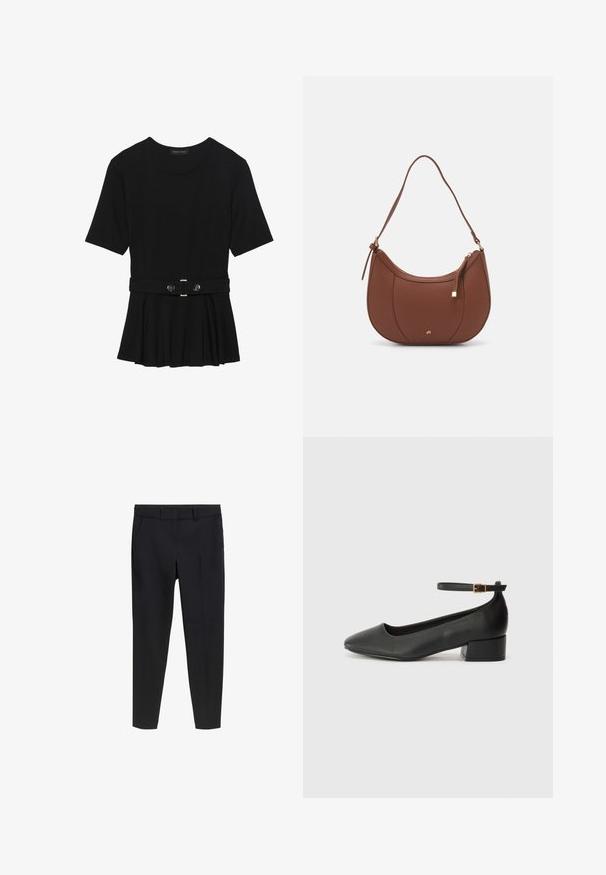 Sort kortærmet top lavet af glat materiale, med en peplum-design og en bælte i taljen med to runde, sølvfarvede knapper.; Sorte skræddersyede slim-fit ankel-lange bukser med bæltestropper og forlommer på en hvid baggrund.; Sorte læderpumper med spids tå og en lav blokhæl. Har en ankelrem med en guldfarvet spænde. Glat tekstur.; Brun faux læder skuldertaske med buet form, minimal syning og en guldtonet hardwaredetalje. Har en top lynlåslukning og justerbar rem.