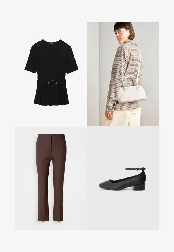 Sort kortærmet top lavet af glat materiale, med en peplum-design og en bælte i taljen med to runde, sølvfarvede knapper.; Brune skræddersyede bukser med smal pasform, der har flad front, subtile sidelommer og et glat, let strækbart stof.; Sorte læderpumper med spids tå og en lav blokhæl. Har en ankelrem med en guldfarvet spænde. Glat tekstur.; Hvid struktureret taske med korte håndtag og en skulderrem, prydet med guldfarvede hardwaredetaljer og tekstureret materiale, præsenteret mod en grå baggrund.