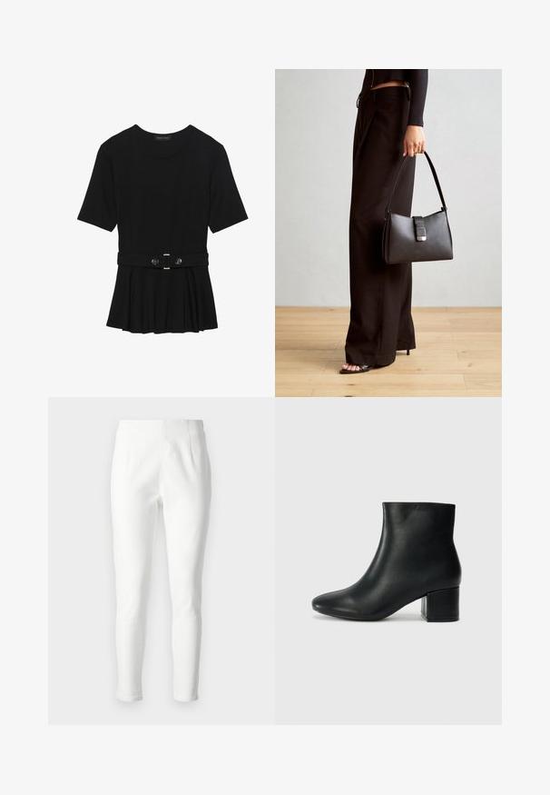 Top preto de mangas curtas, feito de material suave, com design peplum e uma cintura cinto com dois botões redondos em tom prateado.; Calças brancas, de corte slim, feitas de tecido texturizado, com uma cintura alta e costuras mínimas para uma silhueta clean. Ideais para uso casual.; Botas de tornozelo em pele preta com bico pontiagudo e um salto robusto. Textura suave com acentos mínimos e um design ajustado e elegante.; Bolsa preta com forma estruturada, textura suave e um fecho metálico. Combinada com calças largas pretas e sandálias de salto aberto sobre um chão de madeira.